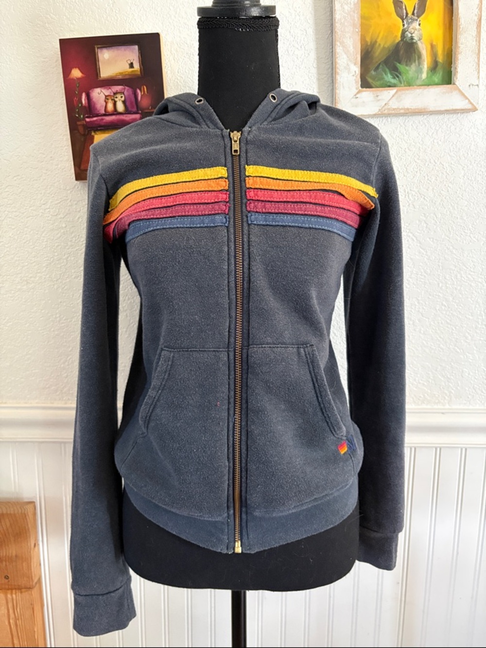 Aviator Nation Charcoal 5 Stripe Hoodie Kids 14 (fits adult xs)